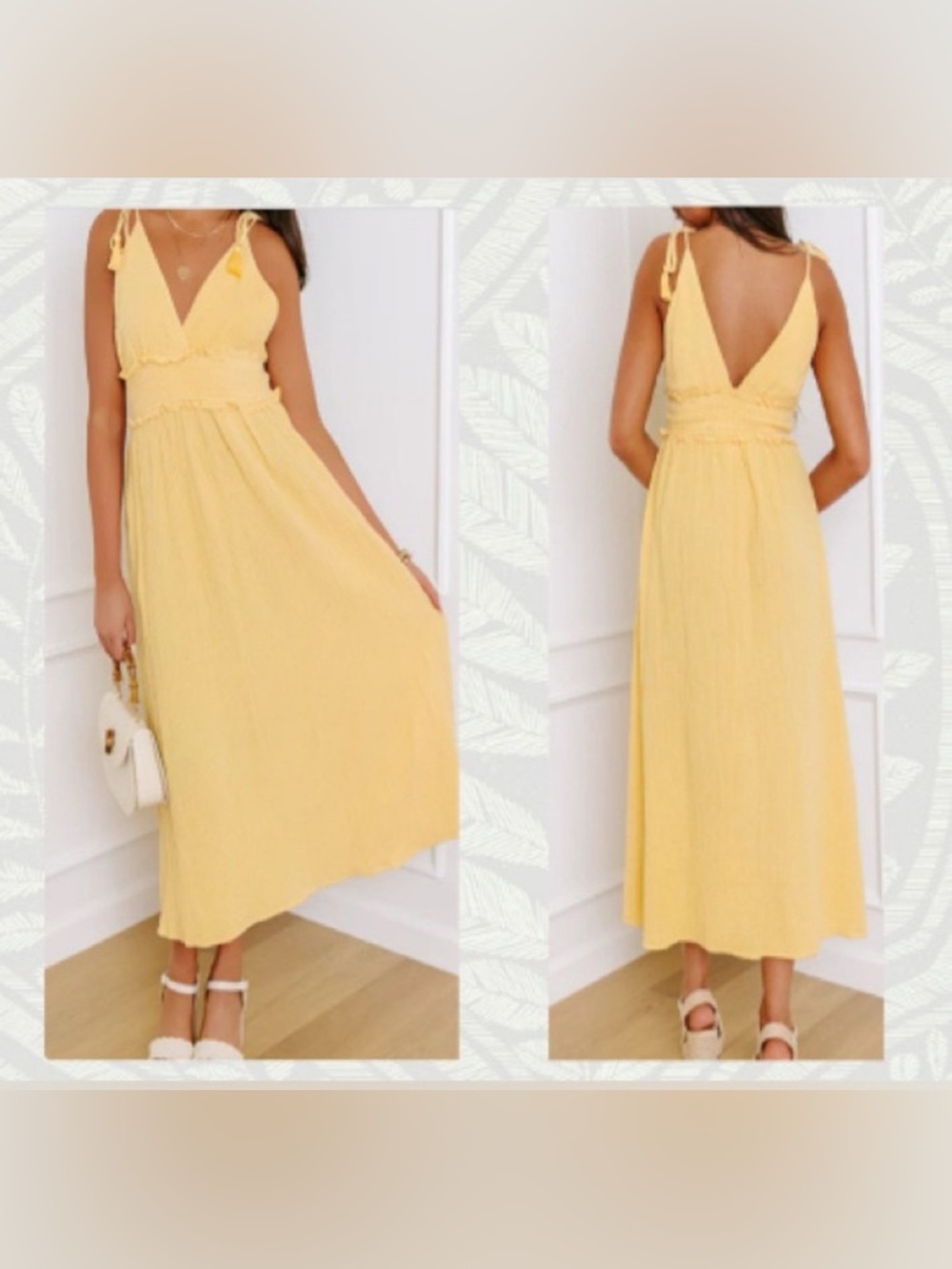 Pastel Yellow Sleeveless Maxi Dress - Lightweight; V-Neck; Smock Waist: Medium